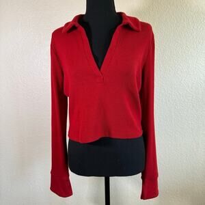 Garage Caroline Cropped Ribbed Collared V-Neck Long Sleeve Polo Top Red Woman XL